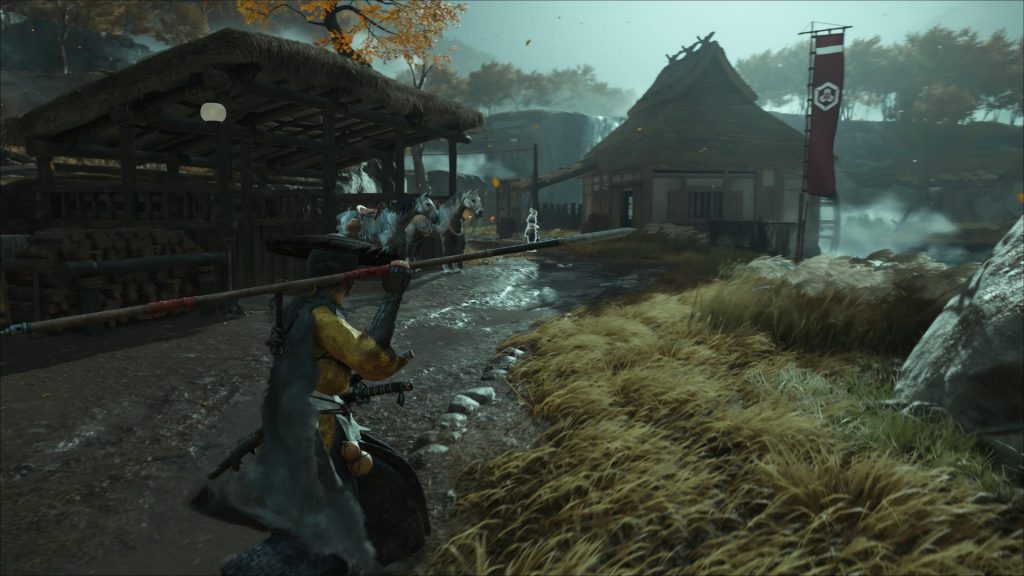 Ghost of Yōtei screenshot featuring samurai duel at sunset
