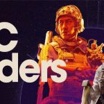 Official artwork of ARC Raiders showing three scavengers aiming their weapons at a massive mechanical invader under a stormy sky