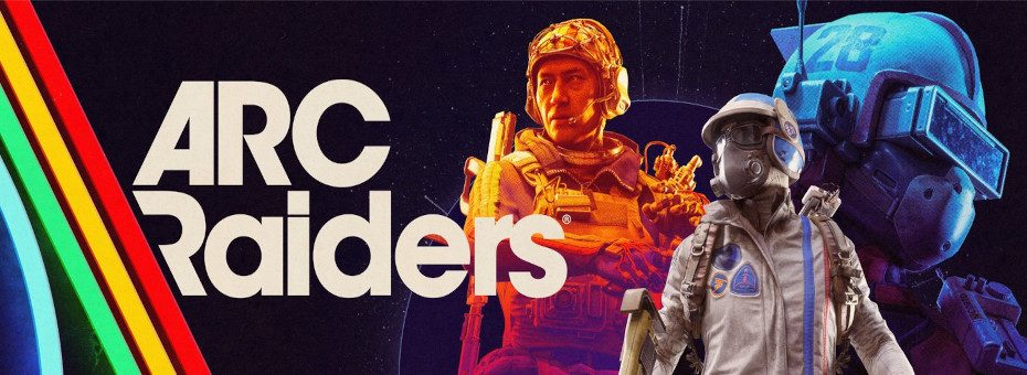 Official artwork of ARC Raiders showing three scavengers aiming their weapons at a massive mechanical invader under a stormy sky