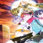 Official key art of Digimon Story Time Stranger showing a young Tamer standing with Digimon partners in front of a fractured digital clock