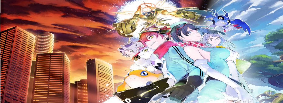 Official key art of Digimon Story Time Stranger showing a young Tamer standing with Digimon partners in front of a fractured digital clock