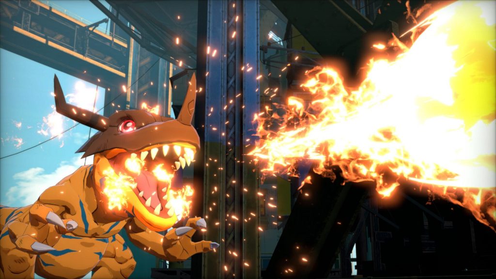 Turn-based combat showing Digimon using time-based skills in a futuristic arena