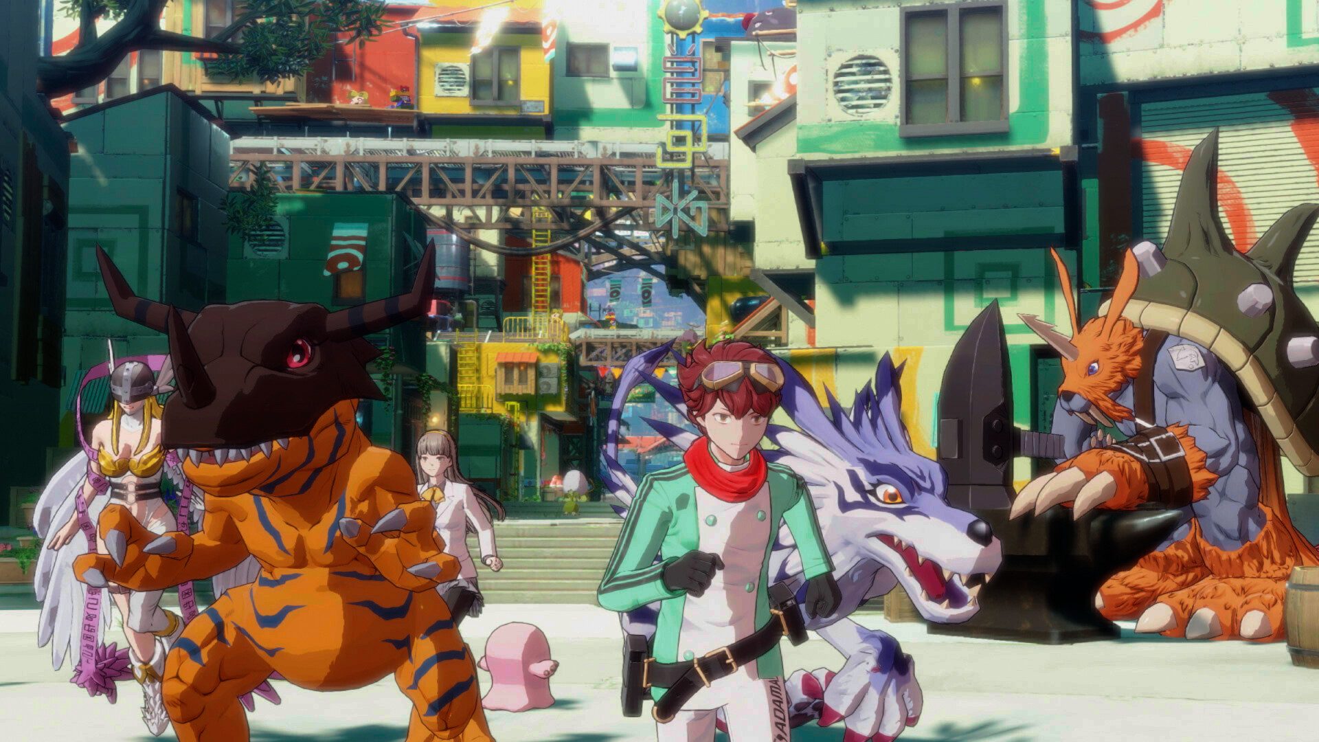 Character dialogue scene between Tamer and Digimon companion in a digital forest