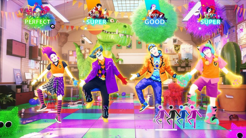 A player avatar performing synchronized moves on a cyber-themed dance floor.