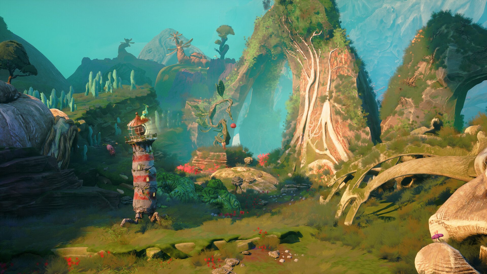 Keeper exploring surreal realm with distorted architecture and glowing pathways