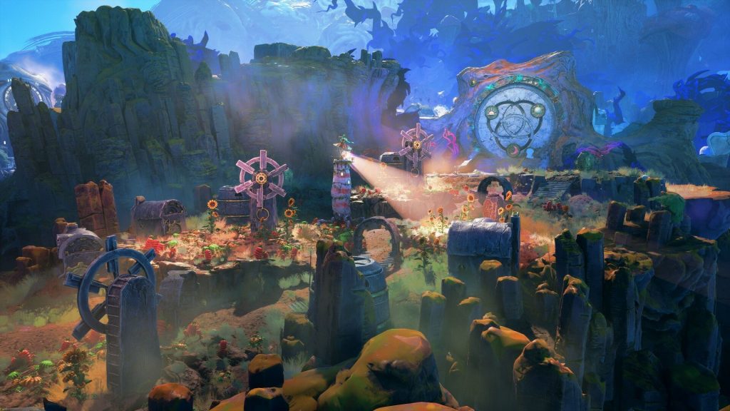 Keeper puzzle scene combining light beams and shadow platforms