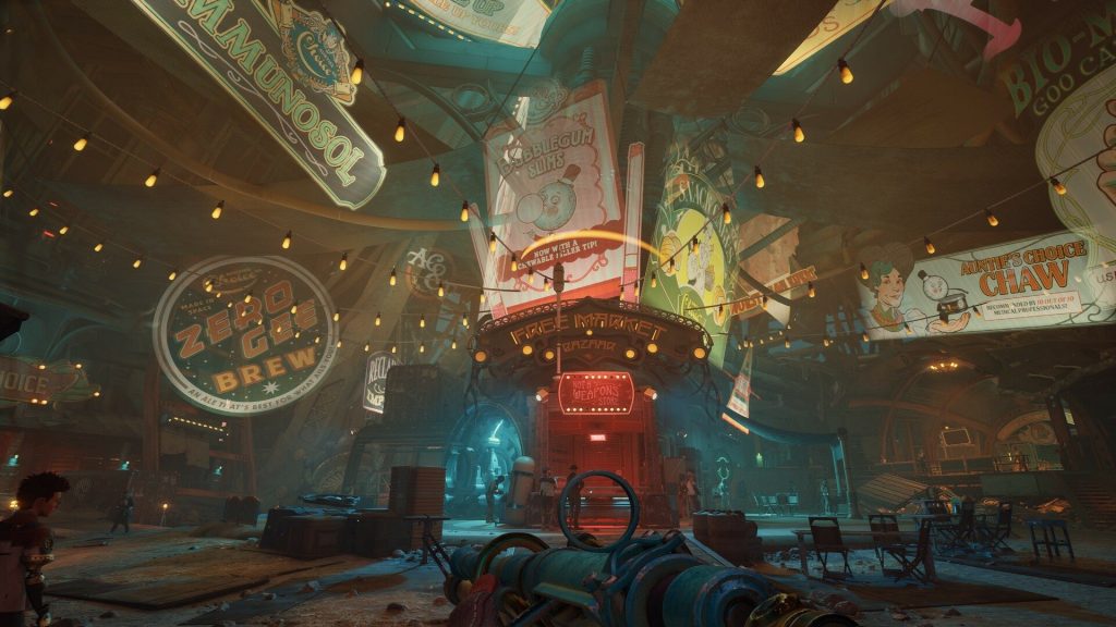 Corporate propaganda billboard glowing above a futuristic colony at night