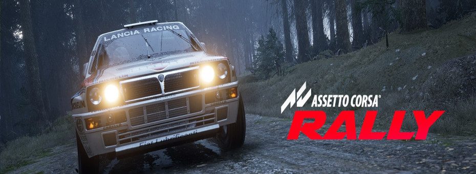 Official artwork of Assetto Corsa Rally showing a rally car drifting through a dusty mountain road.