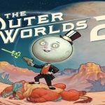 The Outer Worlds 2 protagonist gazing over a neon-lit alien landscape under twin moons