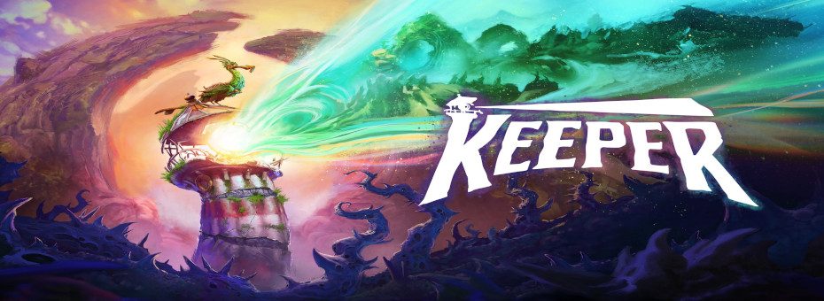 Keeper official artwork showing a lighthouse glowing in the dark with a seabird in flight