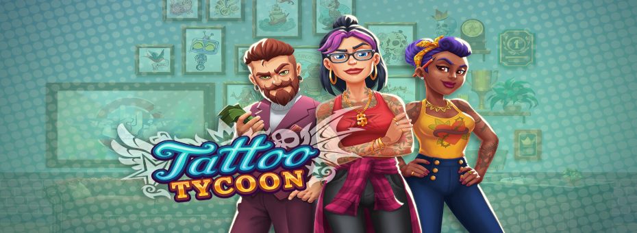 Tattoo Tycoon cover art showing a bustling tattoo studio filled with artists, clients, and creative energy, perfectly reflecting the game's management and design focus